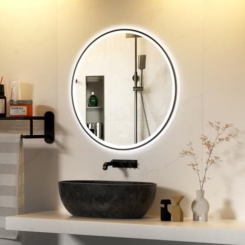 Image of furduzz 500mm Round LED Bathroom Mirror with Black Frame, Vanity Mirror with Lights, Illuminated Wall Mounted Mirror with Anti-fog, Memory Function, 3 Colors, Dimmable, Shatter-Proof Tempered Mirror
