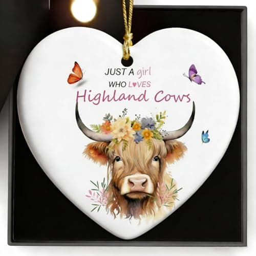Image of highland cow gifts Ceramic Ornament With Gift Box Highland Cow Ornaments, Scottish Gifts, For Cows Lover Christmas Party BirthdayGraduation Just A Girl Who Loves