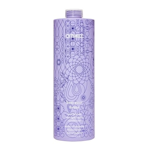 Image of amika bust your brass cool blonde strength repair hair conditioner - hydrating + strengthening toning purple conditioner for blondes, silvers + grays - helps reduce breakage (1000 ml)