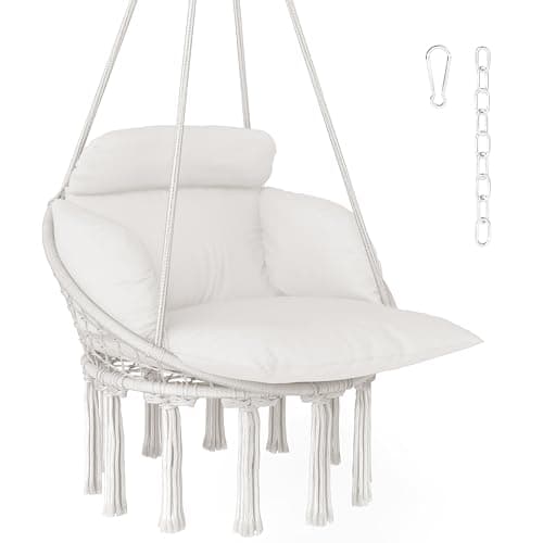 Image of Outsunny Hanging Chair Outdoor Hammock Chair with Soft Cushion, Cotton Rope Boho Style Swing Chair, Hanging Garden Swing Seat for Indoor Outdoor, Cream White