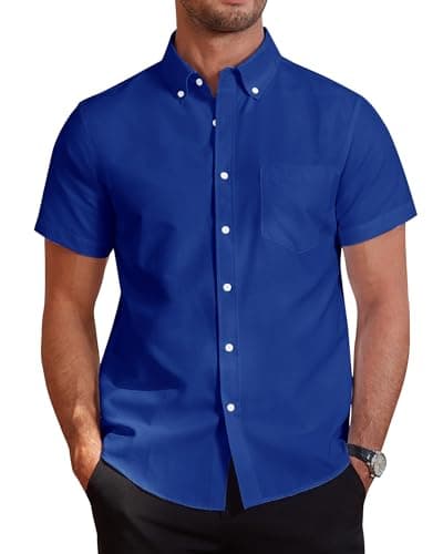 Image of J.VER Mens Short Sleeve Shirts Smart Casual Cotton Oxford Regular Fit Non Iron Work Button Down Summer Shirt Blue XL
