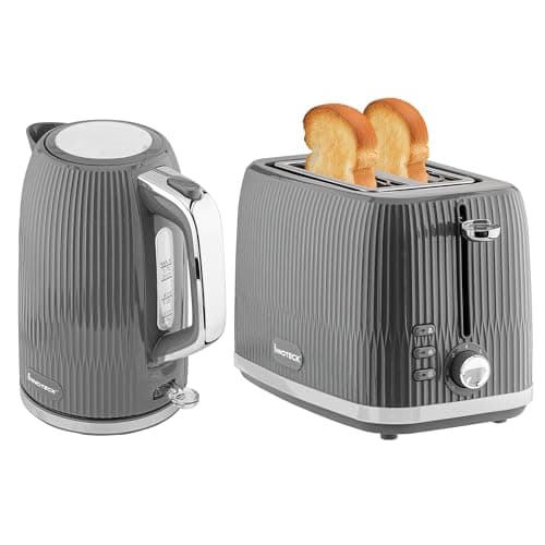 Image of Innoteck 1.7L Electric Kettle & Toaster Set - Grey Ridged Textured & Stainless-Steel Body - Toaster with Defrost, Reheat & Cancel Functions - Hot Water Boiler with Auto Shut-Off Functions