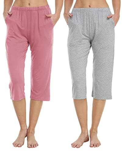 Image of JINSHI Women's Cropped Pyjama Bottoms 2 Pack Capri Pyjama Pants Soft Modal Lounge Sleep Trousers Sleepwear PJ Bottom Ladies (Pink B,Light-Grey) Size M