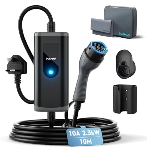 Image of bokman EV Charger Type 2 to 3 Pin Plug, 10M | 2.3kW | 10A | IP65 Waterproof, Electric Car Charger Type 2 Charging Cable 3 Pin with LED Indicators & Carry Bag & Microfiber Towel