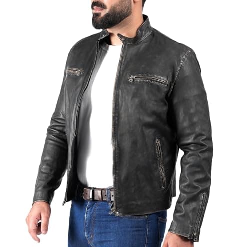 Image of SHOP OF JACKETS LIMITED Distressed Leather Motorcycle Jacket | Vintage Beige Black Real Leather Jacket Mens | Motorbike Clothing For Men | Size Large