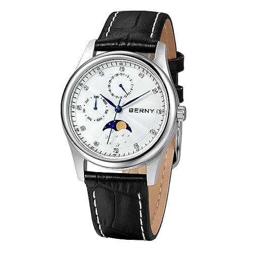 Image of BERNY Multi-Function Watches for Women Waterproof Ladies Watches with Genuine Leather Strap Fashion Womens Watches Sub-dail with Calendar Moon Phase