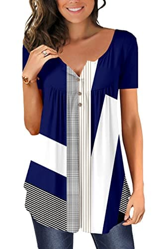 Image of CHICZONE Ladies Tunic Tops Short Sleeve Plain Pleated V Neck Buttons Up Blouse Floral Printed Womens Henley
