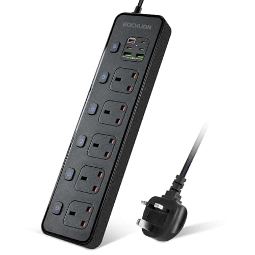 Image of BOCHLION Extension Lead with 6 USB Slots, 5 Way Plug Extension Socket Surge Protection Power Strip with PD30W USB C Slot, Independent Switches and 2M Extension Cord Wall Mounted for Home Office-Black