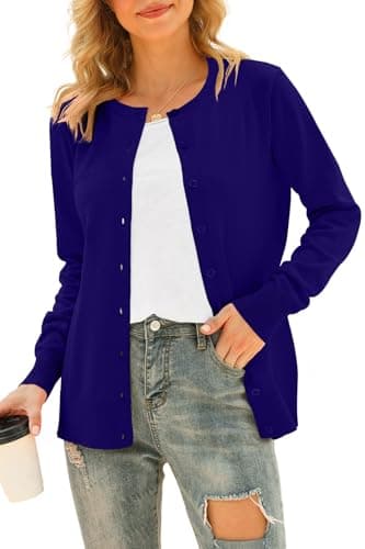 Image of YUNDAI Womens Cardigans Long Sleeve Open Front Knitted Ladies Cardigan Button Round Neck Sweater for Women UK Lightweight Solid Color Jumpers, Large Blue