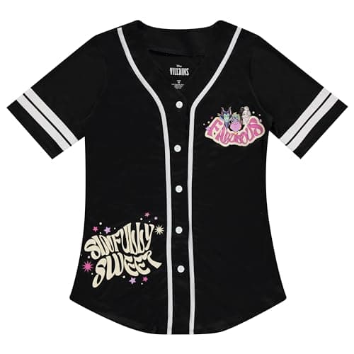 Image of Disney Ladies Villains Baseball Jersey - Ursela, Cruella de Vil, and Maleficent Mesh Button Down Baseball Jersey, Black White, L