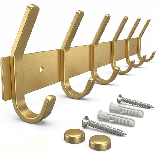 Image of SAYONEYES Brushed Gold Coat Rack Wall Mount with 6 Double Hooks for Hanging – 17 Inch Heavy Duty SUS304 Stainless Steel Rustic Coat Hooks – Hat, Clothes, Purse, Towel Wall Hooks – 1 Pack