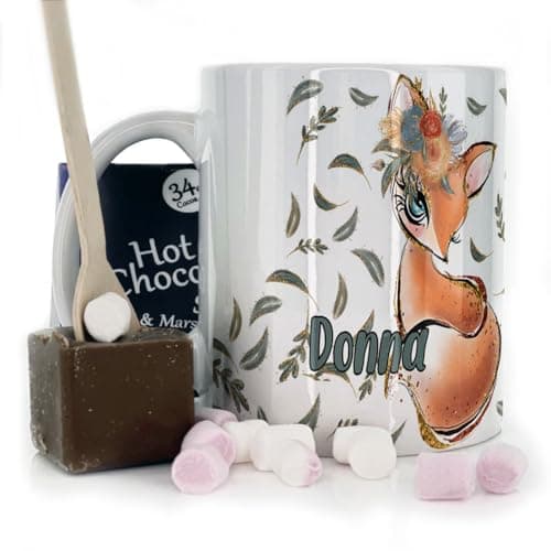 Image of Hairyworm Personalised Mug and Belgian Milk Chocolate/Hot Chocolate Stirrer Marshmallow Gift Set, Custom (11oz) White Mug Customised with Name, Autumn Leaf Red Flower Fox Mug