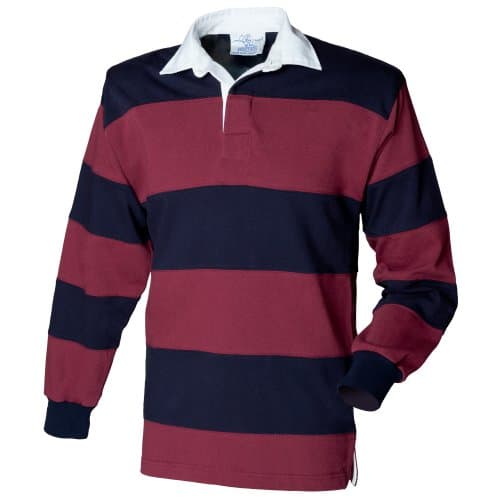 Image of Front Row Sewn Stripe Long Sleeve Sports Rugby Polo Shirt (M) (Burgundy/Navy)