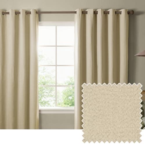 Image of furn. The Ultimate Blackout Textured Eyelet Curtain Pair – Double Sided Woven Light Blocking Lined Curtains (Custard Cream – Width 168 x Drop 137cm)