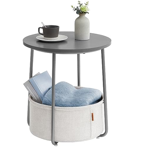 Image of VASAGLE Side Table, Round End Table with Fabric Basket, Spacious, for Living Room Bedroom, Bedside Table, Modern Style, Cement Grey and Cloud White LET223G49
