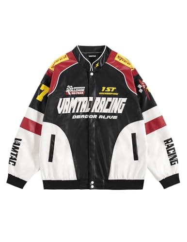 Image of Vamtac Mens Racing Jackets Vintage Leather Bomber Jacket Baseball Racer Varsity Coats Streetwear, Black, M