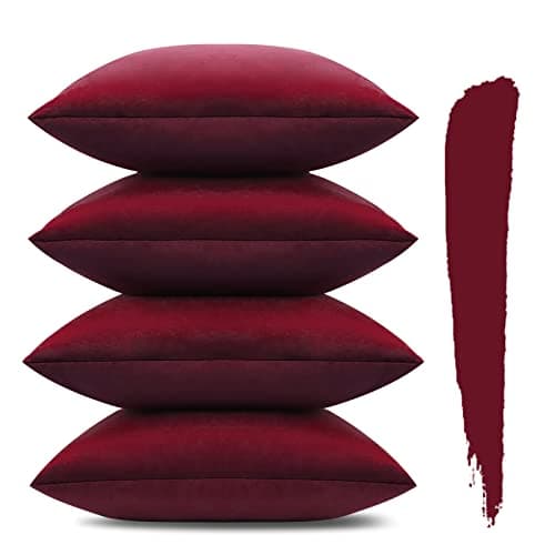 Image of Sungeek Set of 4 Decorative Cushion Covers Solid Soft Velvet Pillow Covers with Invisible Zipper Square Throw Pillow Cases for Sofa Car Patio Bedroom Living Room 45x45cm Wine Red