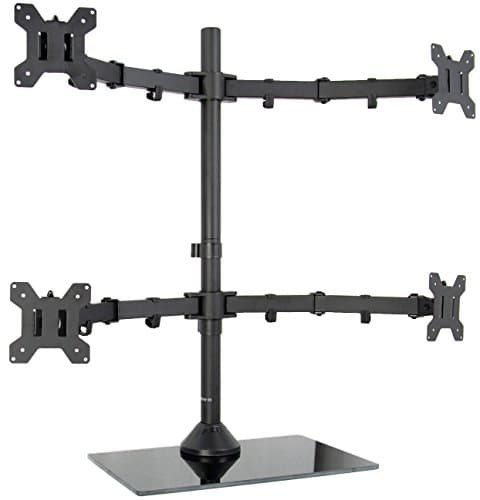 Image of VIVO Black Adjustable Quad Monitor Desk Stand Mount, Free Standing Heavy Duty Glass Base, Holds 4 Screens up to 27 inches, STAND-V004FG