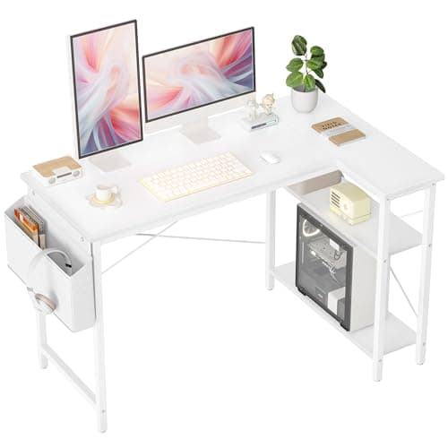 Image of BEXEVUE L Shaped Corner Desk - 120x70 cm Study Office Gaming Desk, Computer Desk Small Writing Table, Large Reversible Storage Shelves, Bookshelf Workstation for Study Play Work Home Office, White