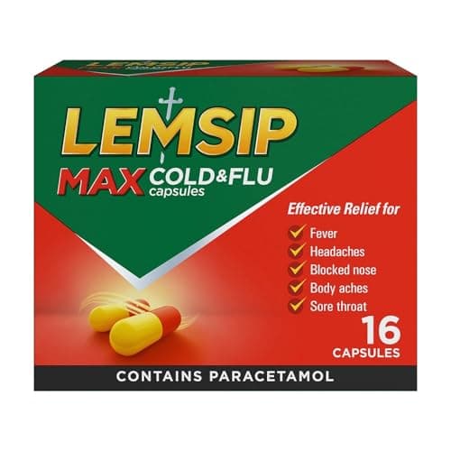 Image of Lemsip Max Cold and Flu, Paracetamol Capsules, Lemon, 16 Total, Fever, Headache, Nasal Congestion Relief, Max Strength, Effective Relief, Medication