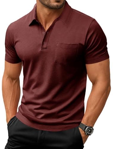 Image of EKLENTSON Men's Casual Polo Shirts with Chest Pocket Summer Breathable Lightweight Golf Work Polo T Shirts Short Sleeve Polyester Tops Wine Red,3XL