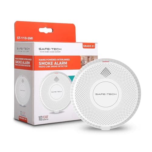Image of SAFE TECH Mains-powered Radio Interlink Smoke Alarm, D1 Rating Dual Interlink Hardwired Smoke Alarm With 10 Years Backup Battery, Electrician Approved Interlinked Wired Fire Alarm BS EN 14604:2005