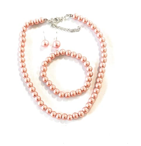 Image of Caprilite Classic Children's Girls Kids Faux Pearl Necklace Bracelet Earrings Jewelry Party Set UK (Coral Pink)