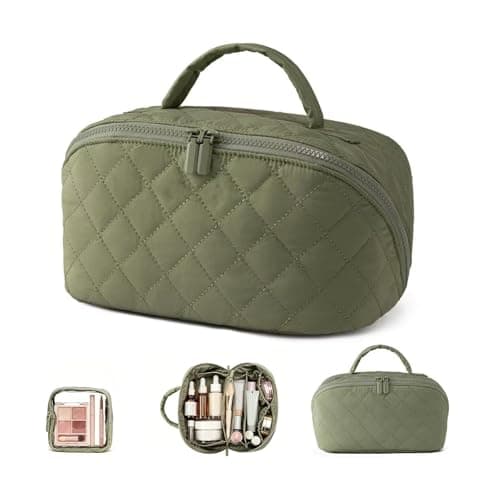 Image of Flat Lay Makeup Bag, 1 Pcs Green Lay Flat Makeup Bag, 180° Open Flats Make-up Bags, Quilted Make-Up Bags with Brush Compartment and Handle, Large Capacity with Compartments (Green)