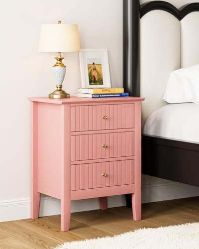 Image of HEYZOEY Bedside Cabinet with 3 Drawers, Wooden Bedside Table, Modern Side Table for Bedroom or Living Room (Pink, 45 × 35 × 61.5 cm)