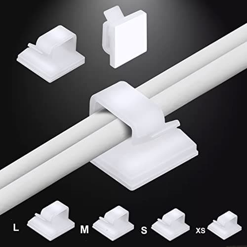 Image of Adhesive Cable Management Clips, 60pcs Adhesive Cable Clips Wire Clips, Plastic Cable Organisers Sticky Wire Clips Wire Cord Holder, 4 Sizes (WHITE)