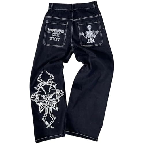 Image of UIKIFY Baggy Jeans for Men UK Y2k Grunge Skater Skater Goth Vintage Mens Denim Pants Relaxed Fit Skateboard Hip Hop Pants Men's Skull Embroidery Dance Jeans Black Blue