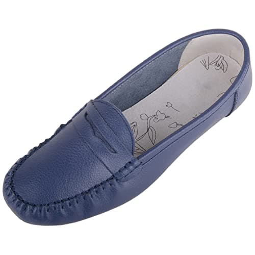 Image of ABSOLUTE FOOTWEAR Womens Action Leather Slip On Moccasin Summer Loafers, Navy, UK 3 / EU 36