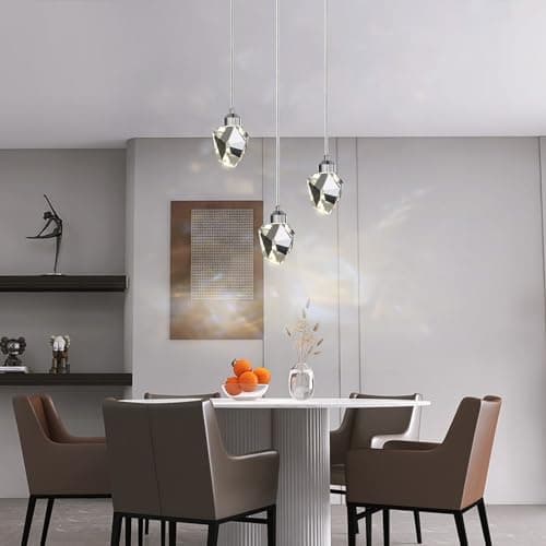 Image of Modern Crystal Pendant Light, 3-Color LED Crystal Pendant Lamp, Adjustable Height Silver Ceiling Hanging Lamp, For Kitchen Island Bedroom Living Room Dining Room Lighting (3-Headed Round Base)