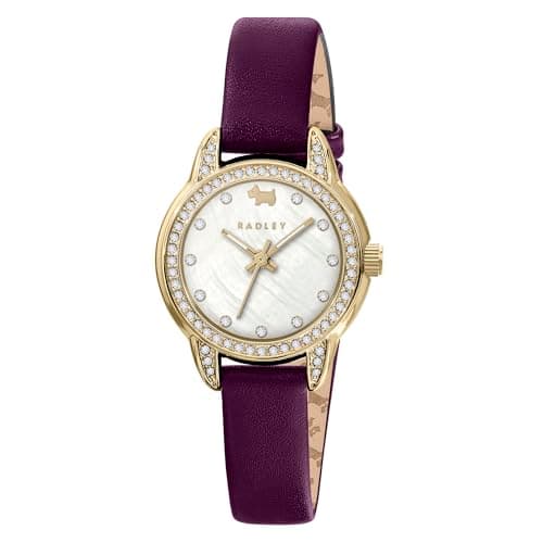 Image of RADLEY Womens Gold Plated Stone Set Mother of Pearl Deep Purple Leather Strap Watch