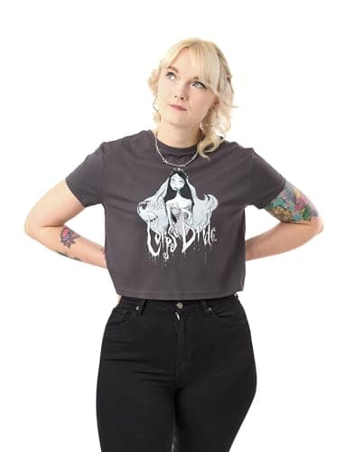 Image of Corpse Bride Women's Grey Cropped Graphic Tee | Short-Sleeved T-Shirt | Gothic Wedding Theme Top | Tim Burton Movie Merchandise | Vintage Style Apparel for Women