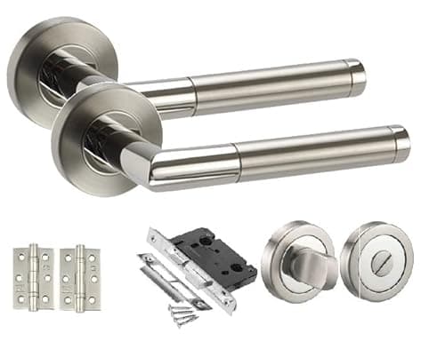 Image of Golden Grace Mitred Style Modern Chrome Door Handles on Rose with Duo Finish Door Lever Latch Pack with Ball Bearing Hinges and 64mm Tubular Latch or Bathroom Set or Lock Set (Bathroom Set)