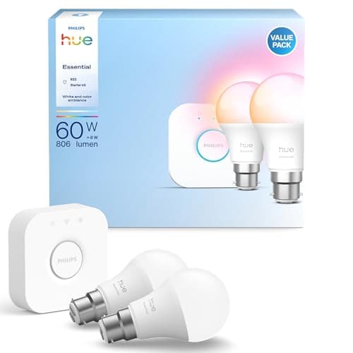 Image of Philips Hue Bridge + 2 Essential B22 Smart Bulbs Starter Kit, White and Colour Ambience, 2200K-6500K, Dimmable LED Bulbs, Works with Alexa, Google Assistant, Samsung SmartThings, Apple Home