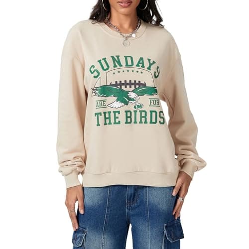 Image of Women Eagles Sweatshirt Sundays Are for the Birds BG Long Sleeve Crewneck Graphic Sweatshirt, Beige, S
