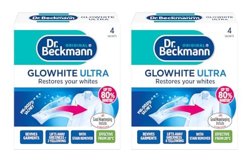 Image of Dr Beckmann Glowhite Ultra Fabric Whitener 8 x 40g Sachets | Whitening Powder for Whites | Brightens Dull Grey Laundry | Machine Wash Fabric Brightener + EPISHED guide included