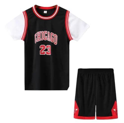 Image of EZB Kids Boys Basketball 2-Piece Performance Tank Top Training Jersey and Shorts Set (Black with Sleeves, 11-12 Years)