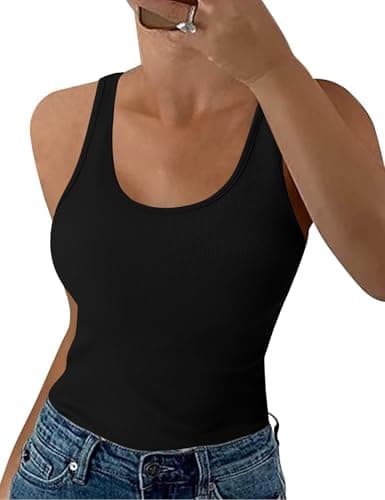 Image of Aottori Black Tank Tops Women Summer Sleeveless Vest Basic Ribbed Camisole Shirt Sexy Slim Fit Stretch Solid Casual Cami Undershirt Black M