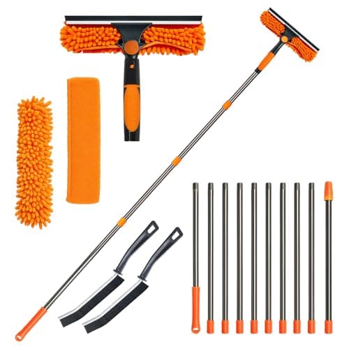 Image of Orifesio 4.3M Long Reach Window Cleaning Kit, Window Cleaning Equipment with 10 Extension Cleaner Pole, 2 Crevice Brush & 3 Microfiber Cloth, Extendable Window Cleaning Pole for High Window Car Glass
