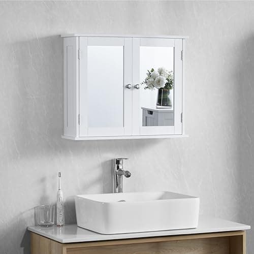 Image of Bath Vida Priano Double Door Mirrored Bathroom Cabinet Storage Cupboard Wall Mounted, White
