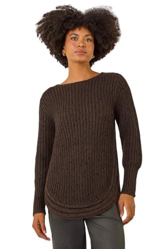 Image of Roman Women Ribbed Jumper for Women UK Ladies Curved Hem Sweater Stitch Detail Pullover Chunky Knitwear Knit Winter Autumn Textured Oversized Soft Cosy Comfy - Chocolate - Size 12