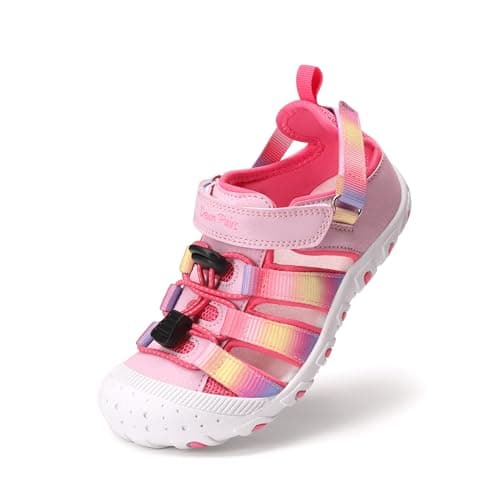 Image of DREAM PAIRS Boys Girls Outdoor Athletic Sport Sandals Summer Hiking Beach Casual Closed Toe Rainbow Multicolor for Toddler/Little/Big Kids,Size 2 Big Kid,Pink/Rainbow,SKST26001K