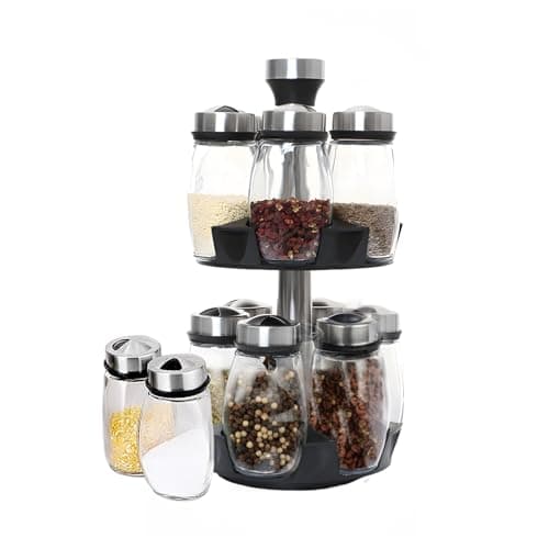 Image of DYUEE Revolving Spice Rack Organizer 2-Tier Rotating Carousel 360° Countertop Spice Holder Space-Saving Spinning Shelf with 12 Glass Jars, Storage Tower for Kitchen Spice Herb & Seasoning