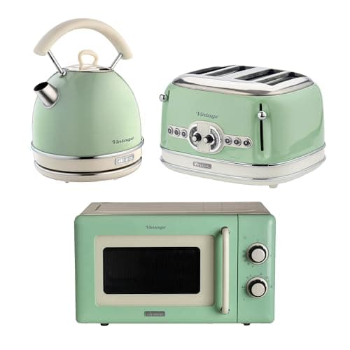 Image of Ariete Vintage Breakfast Set, Retro 4-Slice Toaster with 6 Browning Levels, 2000W Fast-Boil Kettle & 800W Microwave, Green
