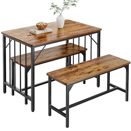 Image of YITAHOME Dining Table and 2 Chairs Set, 3 Piece Dining Room Set with Bench, Space Saving Breakfast Dining Table Set Dining Room Furniture for Kitchen, Apartment, Rustic Brown