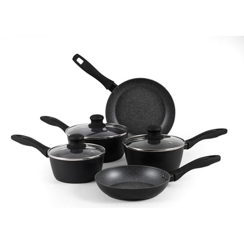 Image of Russell Hobbs RH02814EU7 Metallic Marble Cooking Pan Set - Non-Stick 5 Piece Kitchen Cookware, 20/24cm Frying Pans, 16/18/20cm Saucepans, Tempered Glass Lids with Steam Vents, Induction Hob Suitable