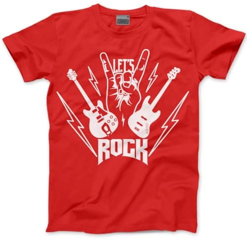 Image of Rockstar Tshirt - Let's Rock! Guitar Band Adults, Teens and Kids T-Shirt Rock Star Day Top Rock N Roll Unisex School Tee - 7-8 Years Red